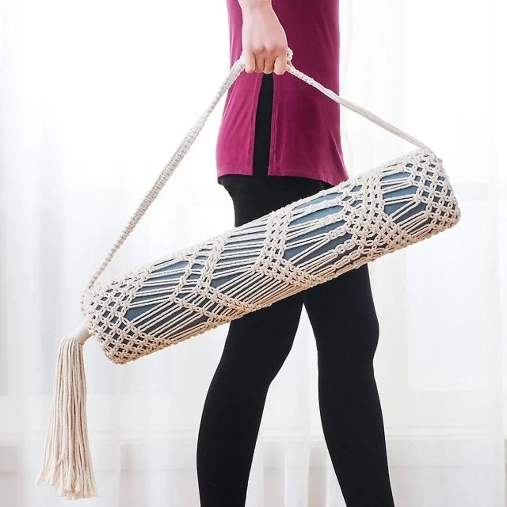 Macrame Yoga Bag Cotton Handmade w/ Tassel Fringe • Bohemian Yoga Accessories - Picture 2 of 5